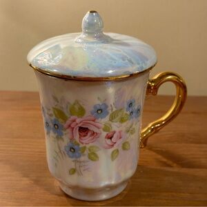 Karlovarsky Porcelain Mug With Lid Iridescent Floral Made In Czech Republic